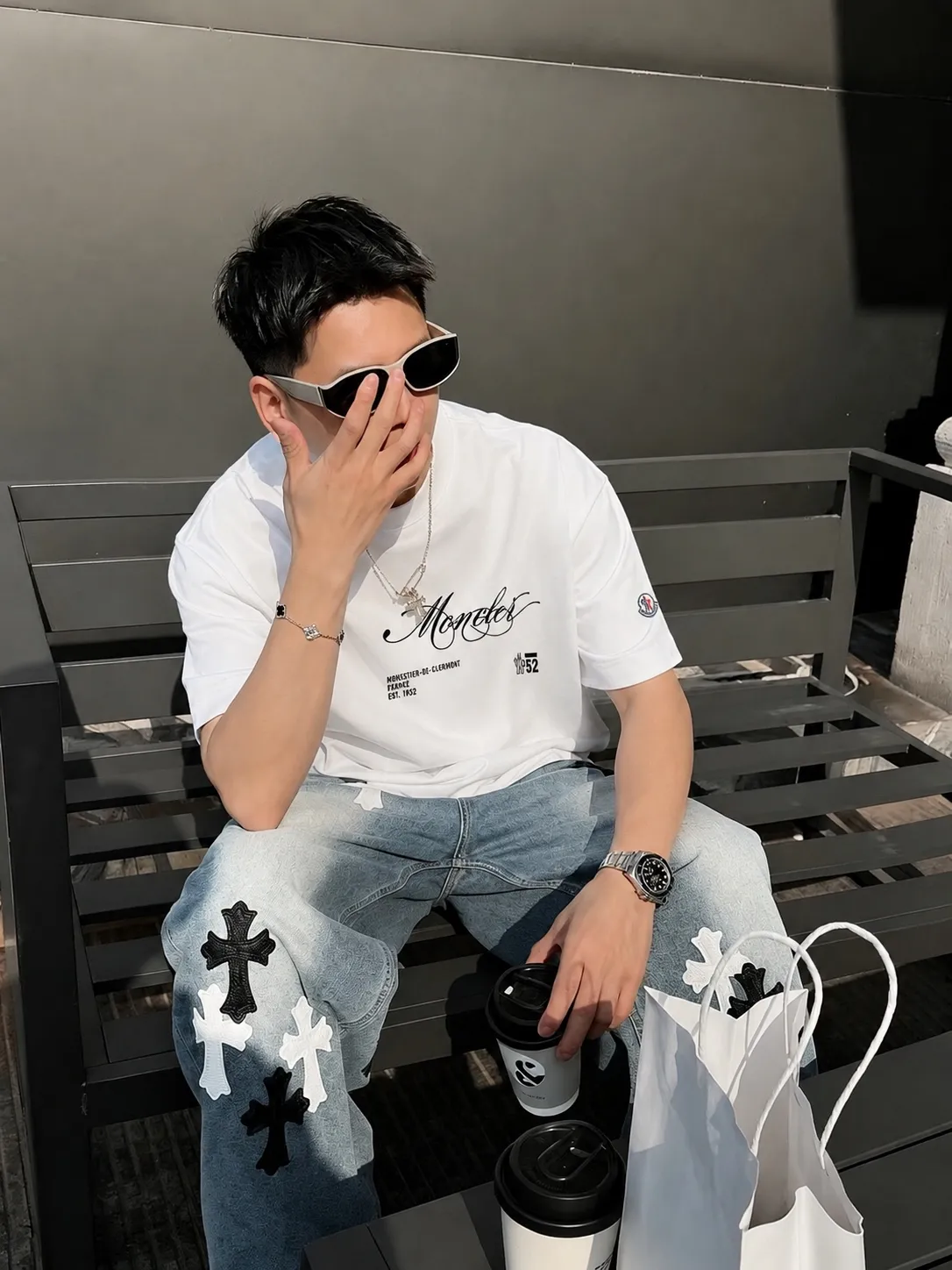 moncle～ logo 《 》7a tee ， Same Style ， : Black White Coffee Brown Size：S（90-130 ） M（125-150 ） L（135-165 ） XL（160-190 ） XXL（185-220 ）